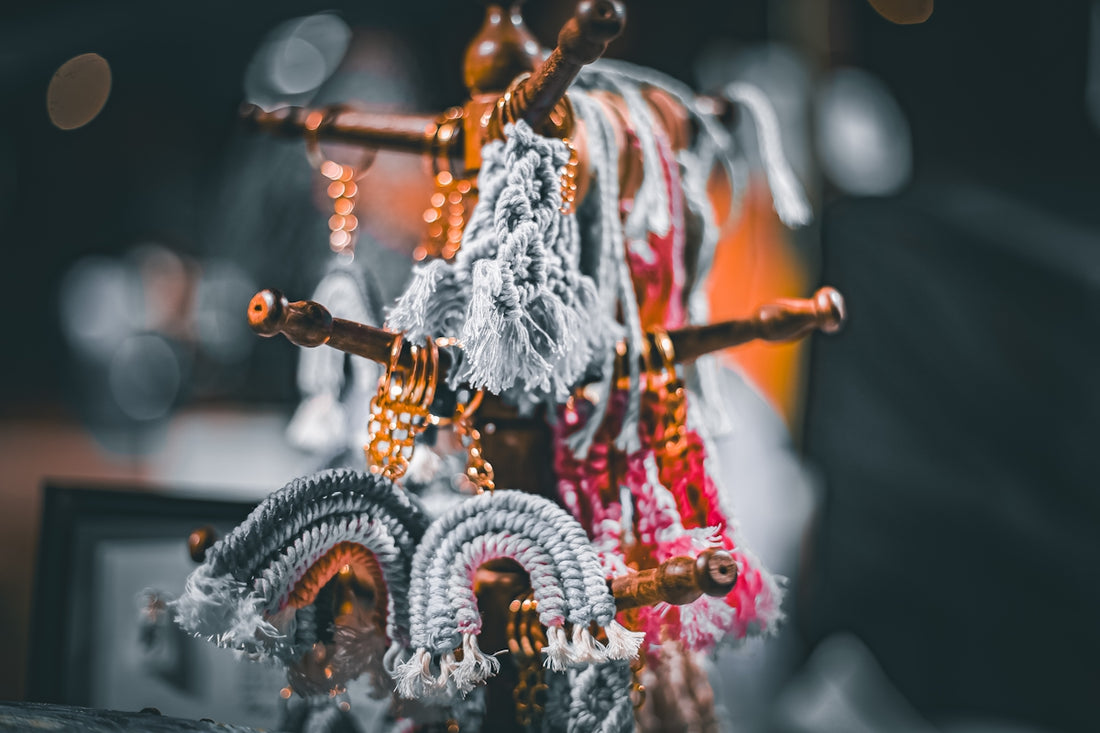 Accessories hang from a decorative wooden stand.