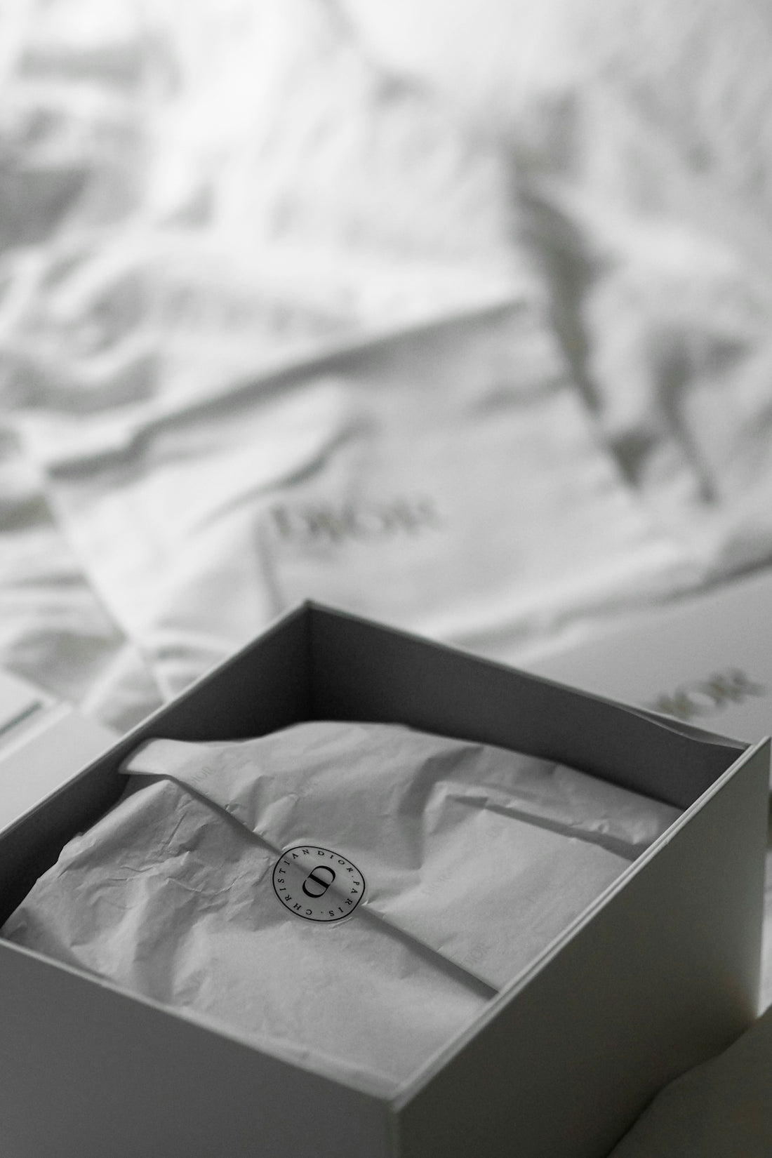 Dior gift box with tissue paper and logo.