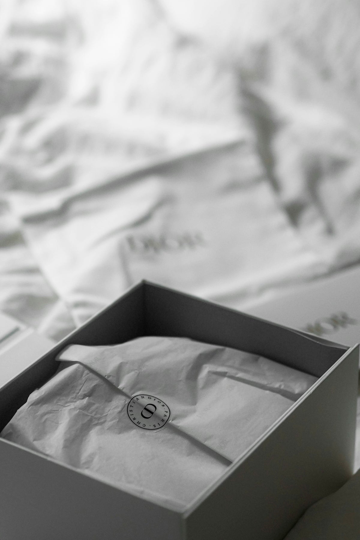 Dior gift box with tissue paper and logo.